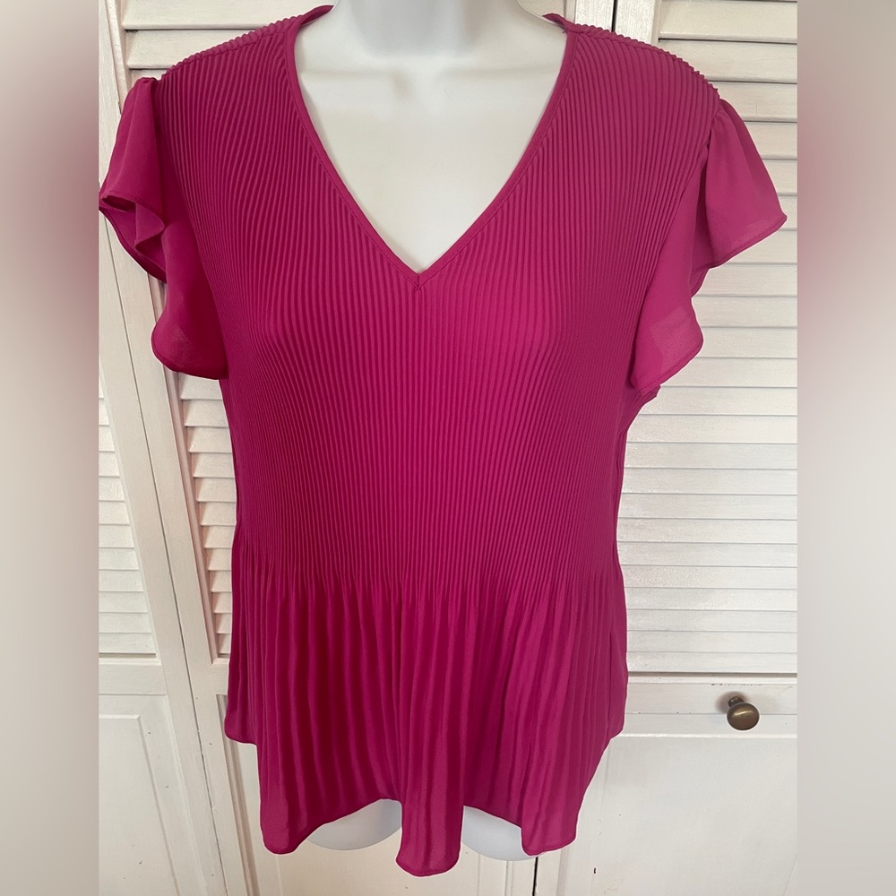 Adrianna Papell Pleated Flutter Sleeve Blouse Fuchsia Small
